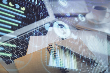 Double exposure of technology theme drawing and desktop with coffee and items on table background. Concept of data research.