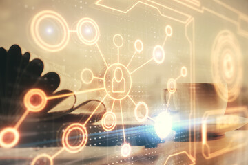 Double exposure of social network drawing and desktop with coffee and items on table background....
