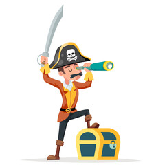 Obraz premium Pirate adventurer spyglass treasure chest character cartoon design vector illustration