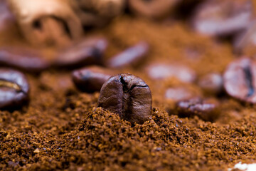 aromatic coffee beans with ground coffee powder