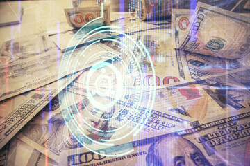 Double exposure of data theme drawing over us dollars bill background. Technology concept.