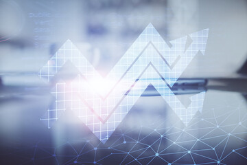 Double exposure of arrows up drawing hologram over coffee cup background in office. Concept of success