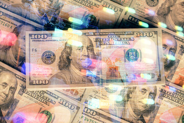 Double exposure of data theme drawing over us dollars bill background. Technology concept.