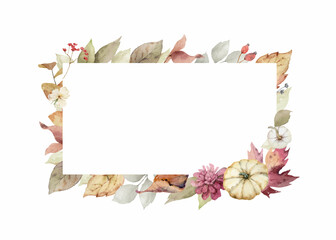 Thanksgiving vector frame colorful pumpkins with autumn leaves and flowers.