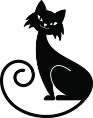 Vector black silhouette of cat. Cartoon animal, halloween character.Element for design card, poster, print, logo.