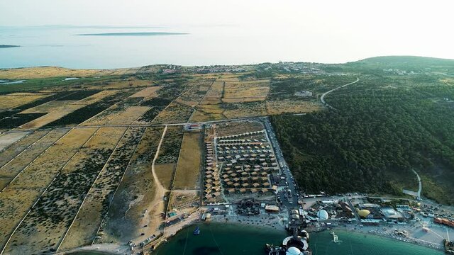 Aerial view of Plaza Zrce, a pebble beach with a famous party scene in Kolan, Zadar province, Croatia.