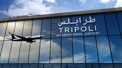 Airplane landing at Tripoli Libya airport mirrored in terminal