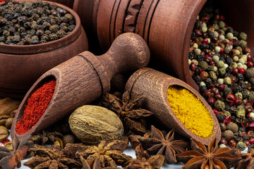 Scattered aromatic and bitter peppers, spices in wooden utensils on a white background.