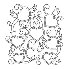 Coloring book. Hand-drawn background with hearts, arrows and abstract elements on a white background.