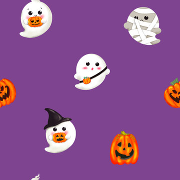 Halloween seamless pattern with cute cartoon pumpkins and ghost character in witch hat, vampire and zombie. Kids pattern, purple textured background. Fanny design for wallpaper, wrapping, fabric
