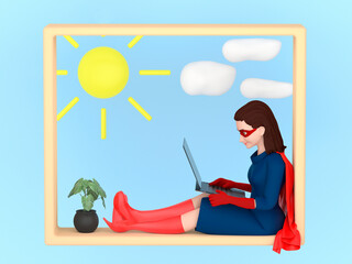 Freelancer super woman sits on the window of the house and works at the computer. The concept of a strong woman working at home. 3D Render