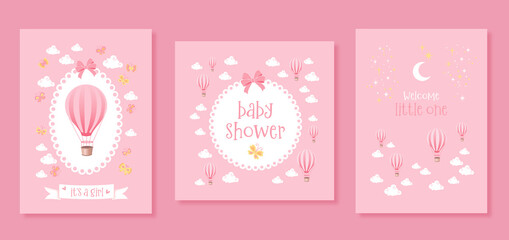 Set of pink baby shower vector invitation cards. Templates for it's a girl, baby shower, and welcome little one.  - obrazy, fototapety, plakaty