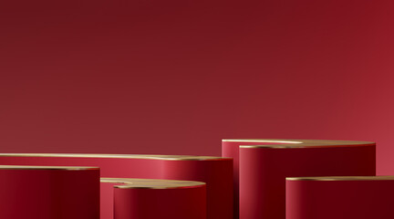 Minimal abstract background for product presentation. Red podium with golden rim on red background. 3d render illustration. Clipping path of each element included.