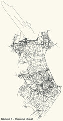 Obraz premium Black simple detailed street roads map on vintage beige background of the quarter Sector 6 - Toulouse Ouest (West) district of Toulouse, France