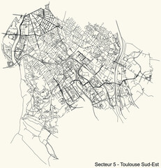 Black simple detailed street roads map on vintage beige background of the quarter Sector 5 - Toulouse Sud-Est (South East) district of Toulouse, France