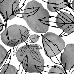 Creative seamless pattern with line art flowers and leaves on watercolor stains. Trendy abstract modern vintage print.	