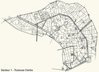 Black simple detailed street roads map on vintage beige background of the quarter Sector 1 - Toulouse Centre (Center) district of Toulouse, France