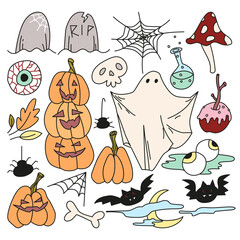 Halloween concept. hand drawn set of doodle Halloween elements. bat, poison, mushroom, cute ghost, pumpkin, bone, caramel apple, eyes, leaves, skull, spider, web, moon. isolated vector illustration