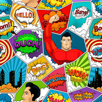 Comic book page divided by lines seamless pattern with speech bubbles, superhero and sounds effect. Vector illustration

