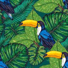 Fototapeta premium Watercolor seamless pattern with toucan. Exotic botanical jungle wallpaper with tropical bird and leaves. Bright summer pattern background. 
