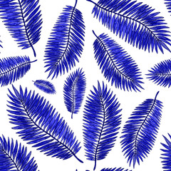 Watercolor seamless pattern with tropical leaves. Beautiful allover print with hand drawn exotic plants. Swimwear botanical design.	