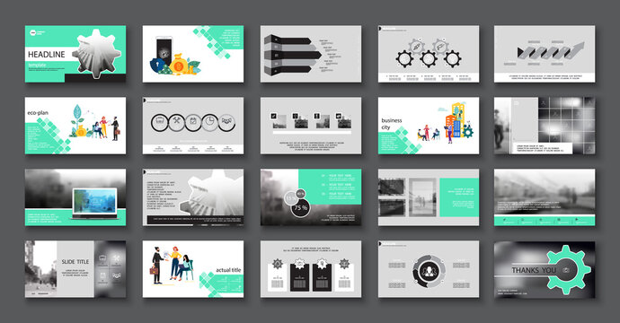 Business presentation, launch of new technologies, financial annual report. Infographic design template, green, black elements, gray background, set. A team of people creates a business, teamwork. App