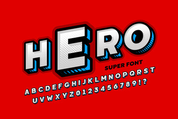 Fototapeta na wymiar Comics Superhero style font, 3d alphabet letters and numbers vector illustration