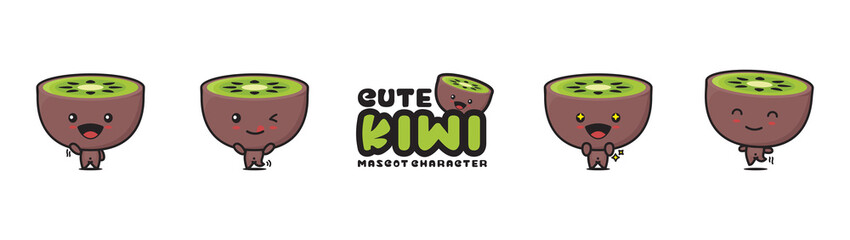 cute kiwi mascot, with different facial expressions and poses - obrazy, fototapety, plakaty