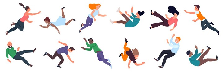 Caution falling. Injuring falling people and dangerous disorientation in space and balance loss, different ages men and women stumble or slip vector set