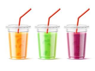 Plastic cup juice. Realistic color fruits smoothies in takeaway transparent glasses with lids and drinking tubes, healthy food. Vector set