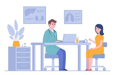 Doctor consultation. Therapist with female patient in clinical office, medical examination, workplace, professional talk. Vector concept