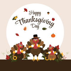 Turkey Happy Thanksgiving Day Autumn Fall Season Flat Illustration