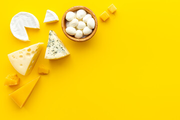 Brie and blue cheese with parmesan and maasdam. Dairy products layout