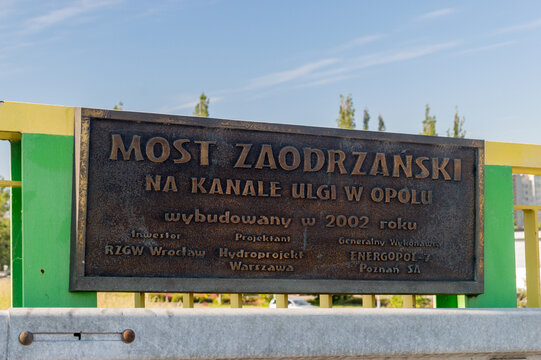 Opole, Poland - June 4, 2021: Sign Zaodrzanski bridge on Ulgi canal.