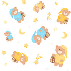 Midnight baby bear with light, stars, moon, seamless pattern with sleeping and night elements. Cute teddy holding a lantern. Vector kids illustration for bedroom textile, fabric, nursery print.