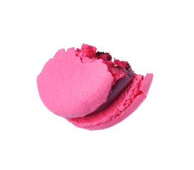 Piece of bright pink macaron isolated on white