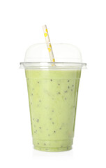Delicious smoothie with straw in plastic cup isolated on white
