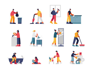 People cleaning house illustration set. Male character vacuums and takes out trash in bag. Woman wipes off dust and washes mirror. Girl cleans bath and puts things in washing machine vector flat.