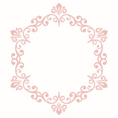 Oriental vector round pink frame with arabesques and floral elements. Floral border with vintage pattern. Greeting card with place for text