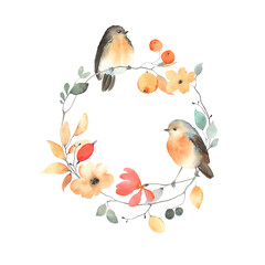 Floral frame with cute birds, leaves, flowers and berries. Watercolor colorful wreath of design elements isolated on white background for your invitation or greeting card, autumn message.