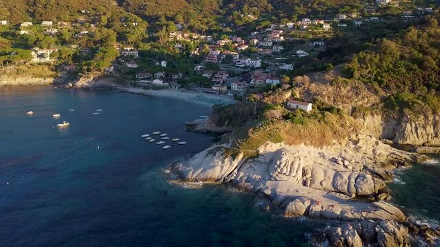 Aerial drone view of beach front coastline of Sant Andrea on the island of Isola d'elba, Italy