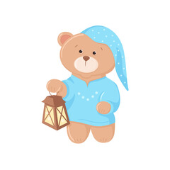 Cute baby bear in pajamas holding a light. Midnight cartoon teddy animal in cap with stars pattern. Vector isolated kids character for print.
