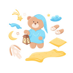 Cute baby bear in pajamas holding a light. Sleeping teddy graphic elements, bunny toy, pillow and blanket with pattern, slippers, eye mask, star, moon, cloud. Midnight cartoon animal in cap.