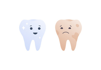 Tooth whitening, cleaning and stomatology concept. Vector flat character illustration. Yellow sad and happy white teeth. Smiley icon. Design for healthcare, dentistry