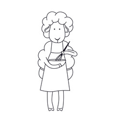 Fototapeta premium Vector outline cartoon sheep in apron cooking. Funny animal for kids. 