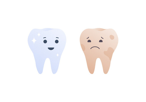 Tooth whitening, cleaning and stomatology concept. Vector flat character illustration. Yellow sad and happy white teeth. Smiley icon. Design for healthcare, dentistry