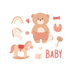 Cute baby bear clipart set with kids toys. Teddy holding a bunny toy, rocking horse, cubes with letters, rattle, newborn elements. Funny animal in pants with dots. Sleeping rabbit, pink bow. © Marina