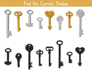 Shadow Matching Game for Children. Find the correct shadow for keys educational task for kids