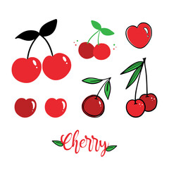 Set, collection of cute red cherries icons, illustration in different designs. Cartoon, outlined, doodle style cherry icons.
