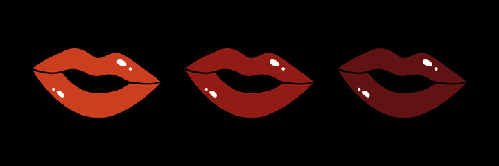 Set, collection of female’s lips icons with different lipstick colors on black background.